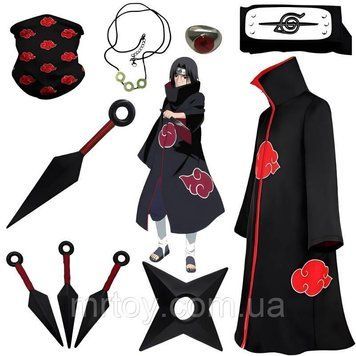 Набір Naruto Акацукі Ітачі Учіха: плащ (хмара), пов'язка, баф, кунаї 4 шт, кільце, ланцюжок, зірка NCA204 фото
